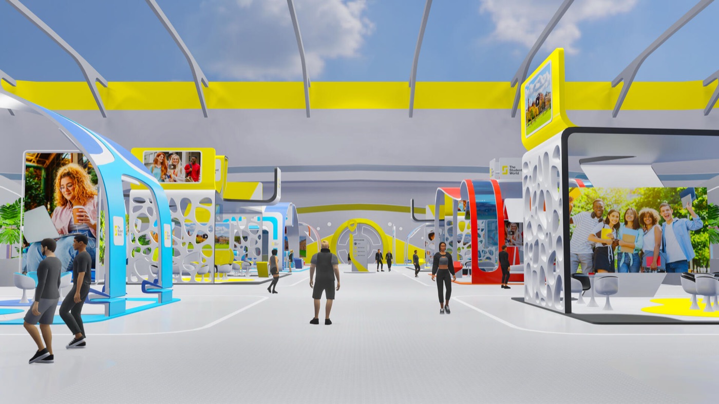 The Student World virtual fair platform: exhibitor pavilion with booths, video screens and live meeting areas