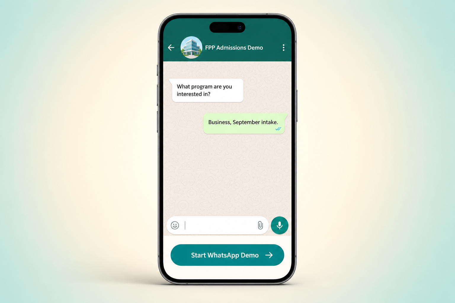 Phone mockup with Start WhatsApp Demo and a short AI conversation: What program are you interested in? Business, September intake.