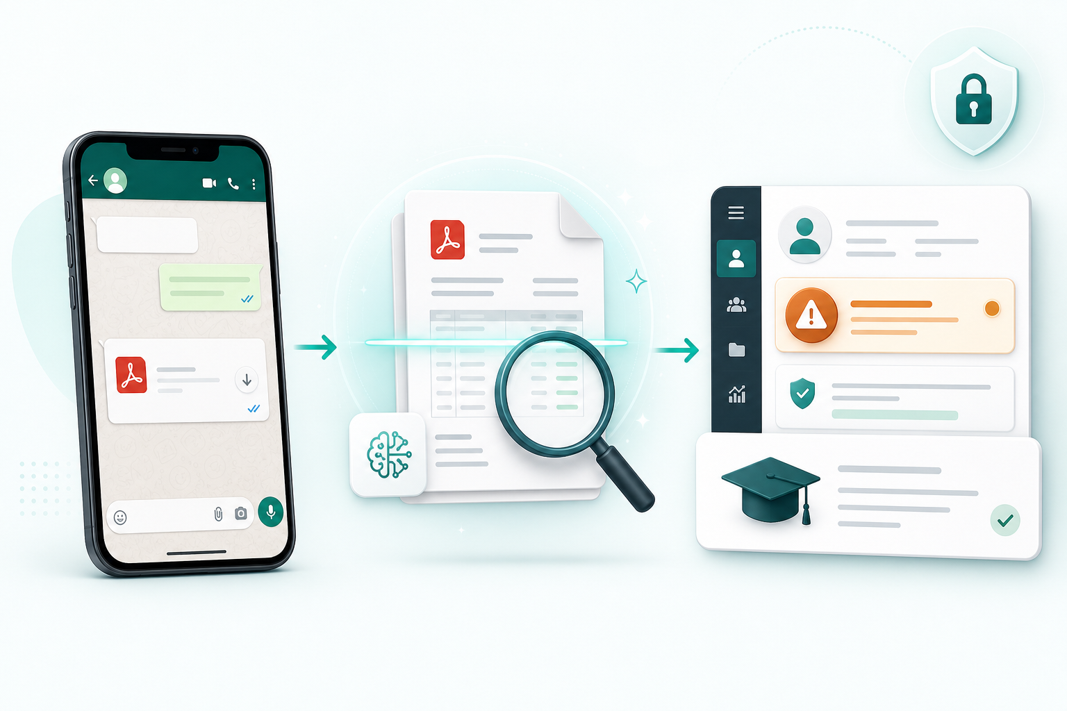 Secure document verification flow: WhatsApp inquiry → document upload → FundsCheck alert → admissions team summary