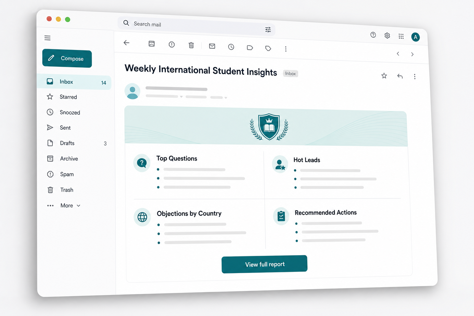 Email report titled Weekly International Student Insights, with sections for top questions, hot leads, objections, and recommended actions