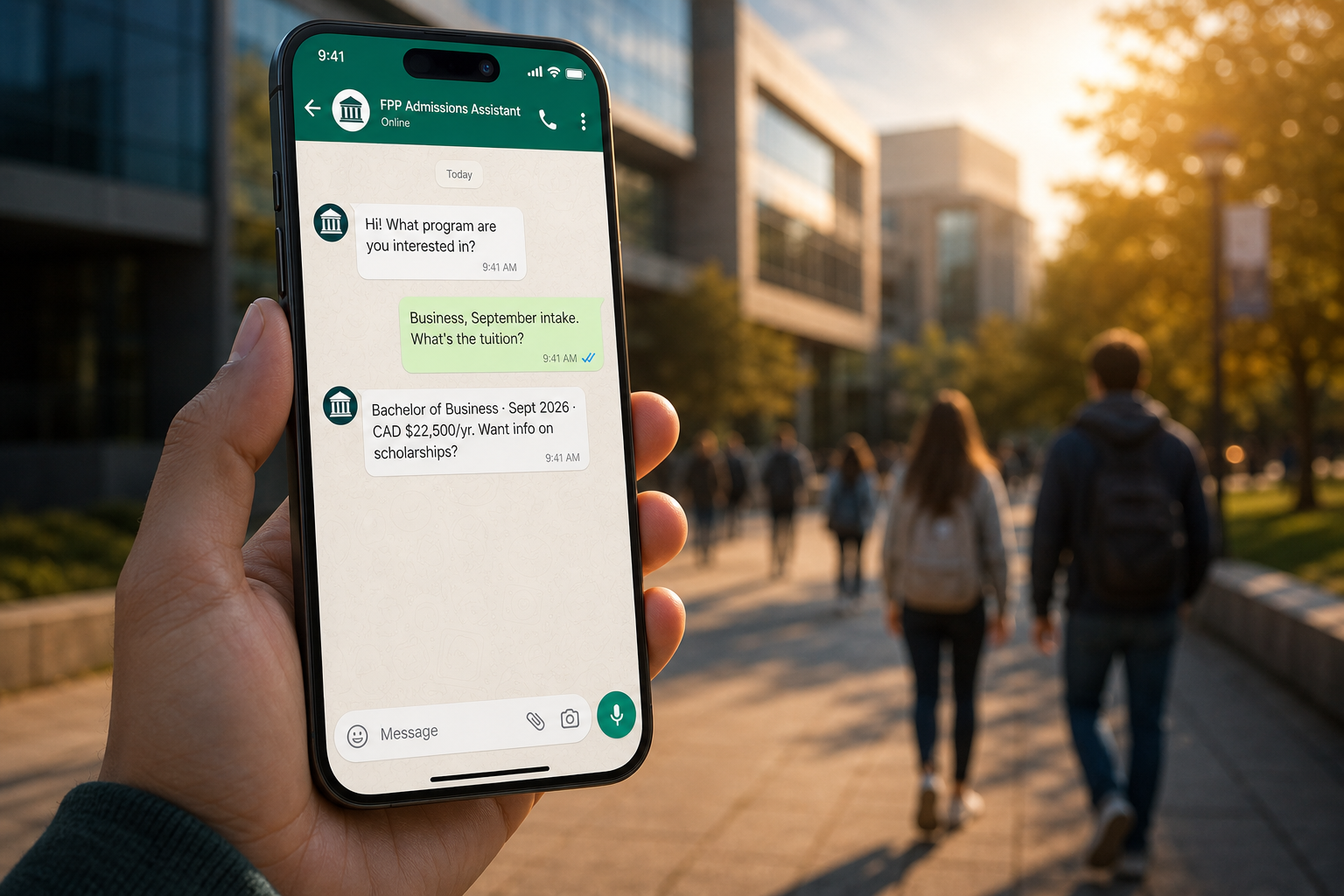 FPP WhatsApp Admissions Agent — AI conversation with a prospective international student
