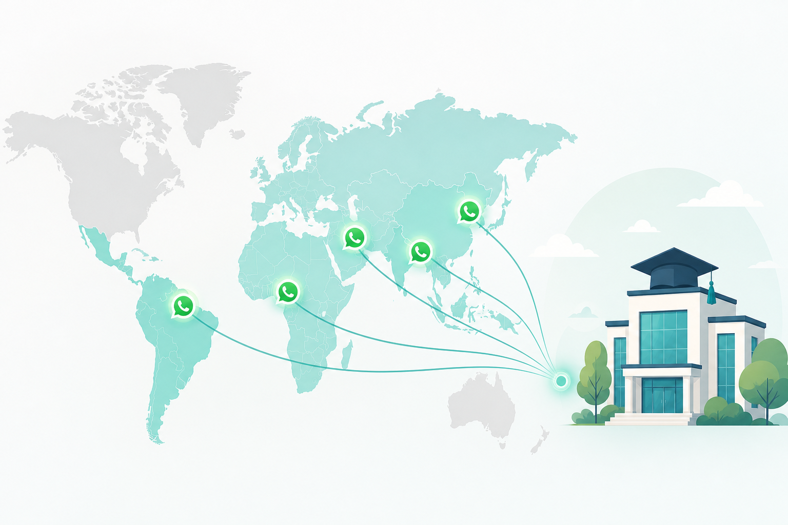 World map highlighting Latin America, Africa, India, Asia, the Middle East and Europe — international students connecting to a university through WhatsApp